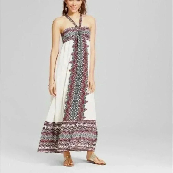 Bohemian Maxi Dress Womens M Ivory Multicolor Halter Smocked Lined Gauze - Picture 1 of 10